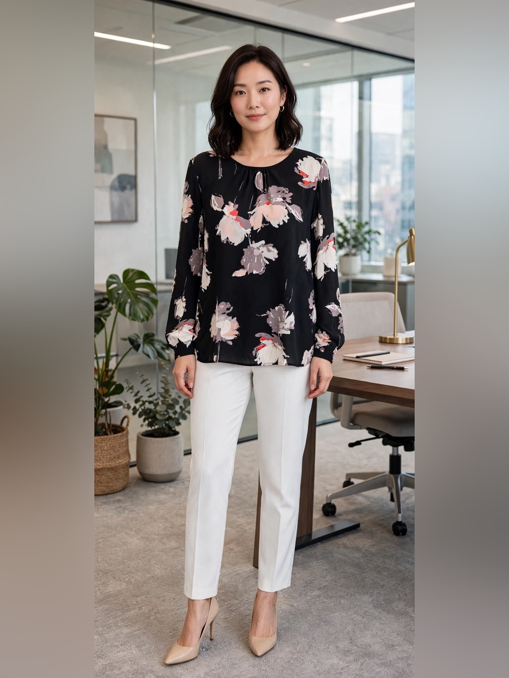 Maurices Black Floral Long-Sleeve Blouse with Pink and Coral Accents